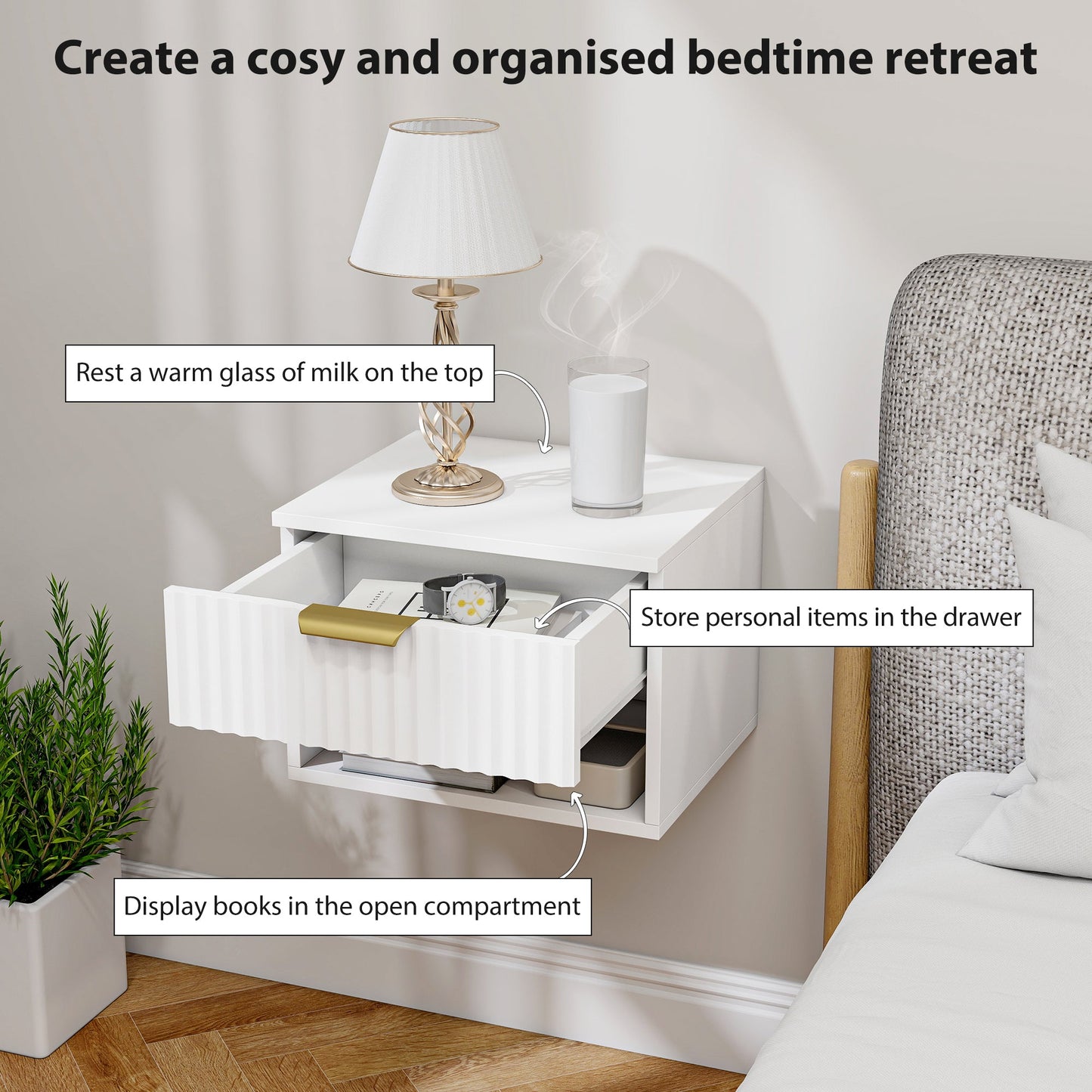 HOMCOM Floating Nightstands Set of 2, Modern Wall Mounted Bedside Tables with Fluted Drawer and Open Shelf for Bedroom, White