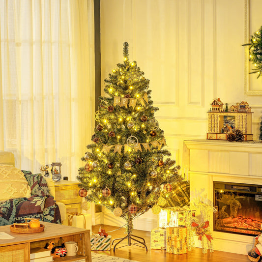 HOMCOM 6' Artificial Prelit Christmas Trees Holiday Decor with Warm White LED Lights, Decoration, Banner, Tag, Ball