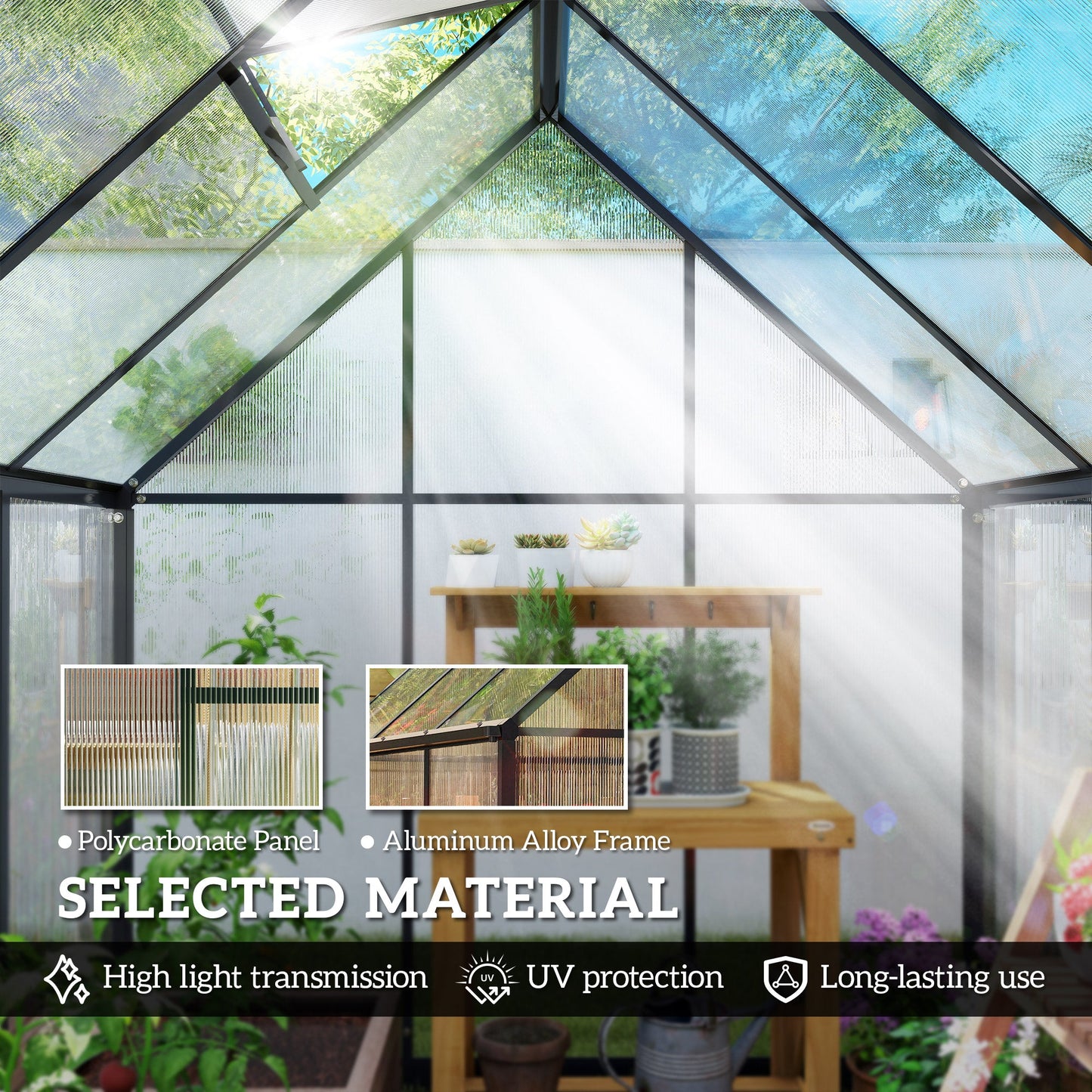Outsunny Polycarbonate Greenhouse with Swing Door and Adjustable Window, Walk-in Greenhouse with Rain Gutter, 6 x 6.5ft, Black