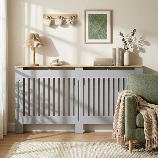 HOMCOM Slatted Radiator Cover, Painted Cabinet with Line Grill Design, 172L Ã 19W Ã 81H cm, Grey