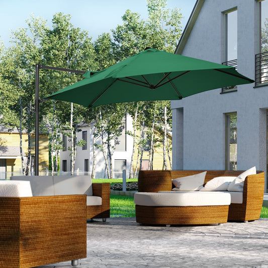 Outsunny 2.5M Garden Cantilever Parasol, Offset Roma Patio Umbrella Hanging Sun Shade Canopy Shelter with 360 Rotation and Cross Base, Green