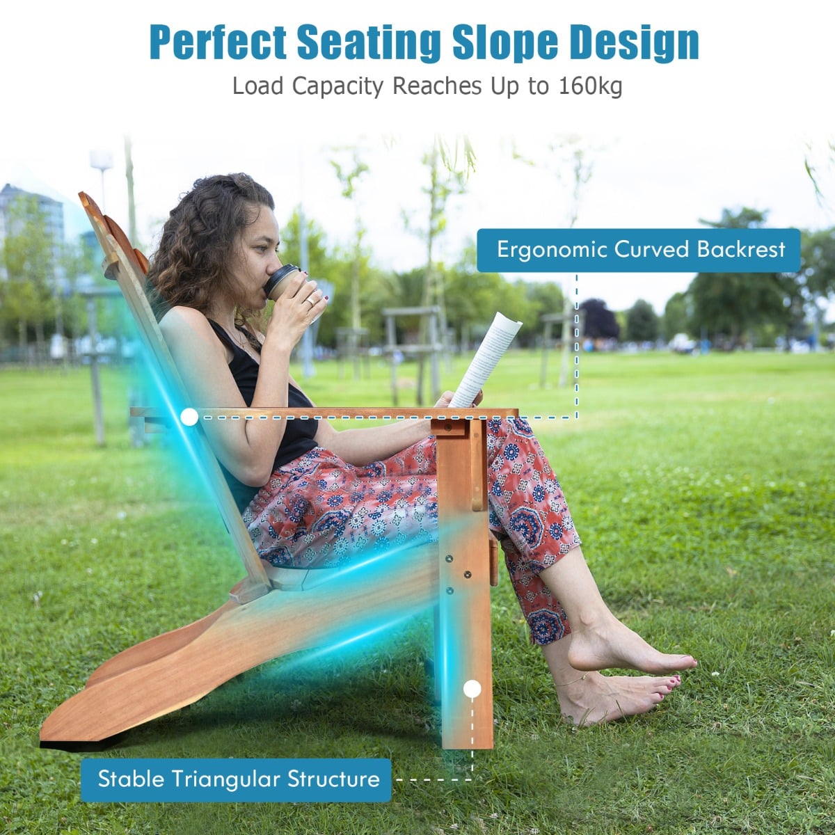 Acacia Wood Adirondack Lounger Chair with Slatted Seating, Ergonomic Design-Natural