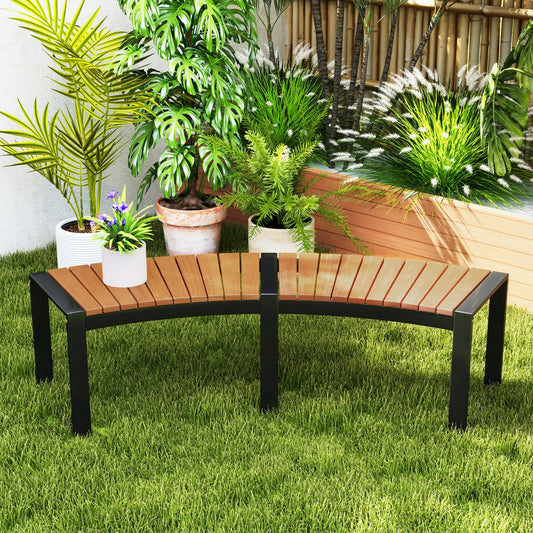 Acacia Wood Fire Pit Bench with Slatted Seat Metal Legs-2 Pack