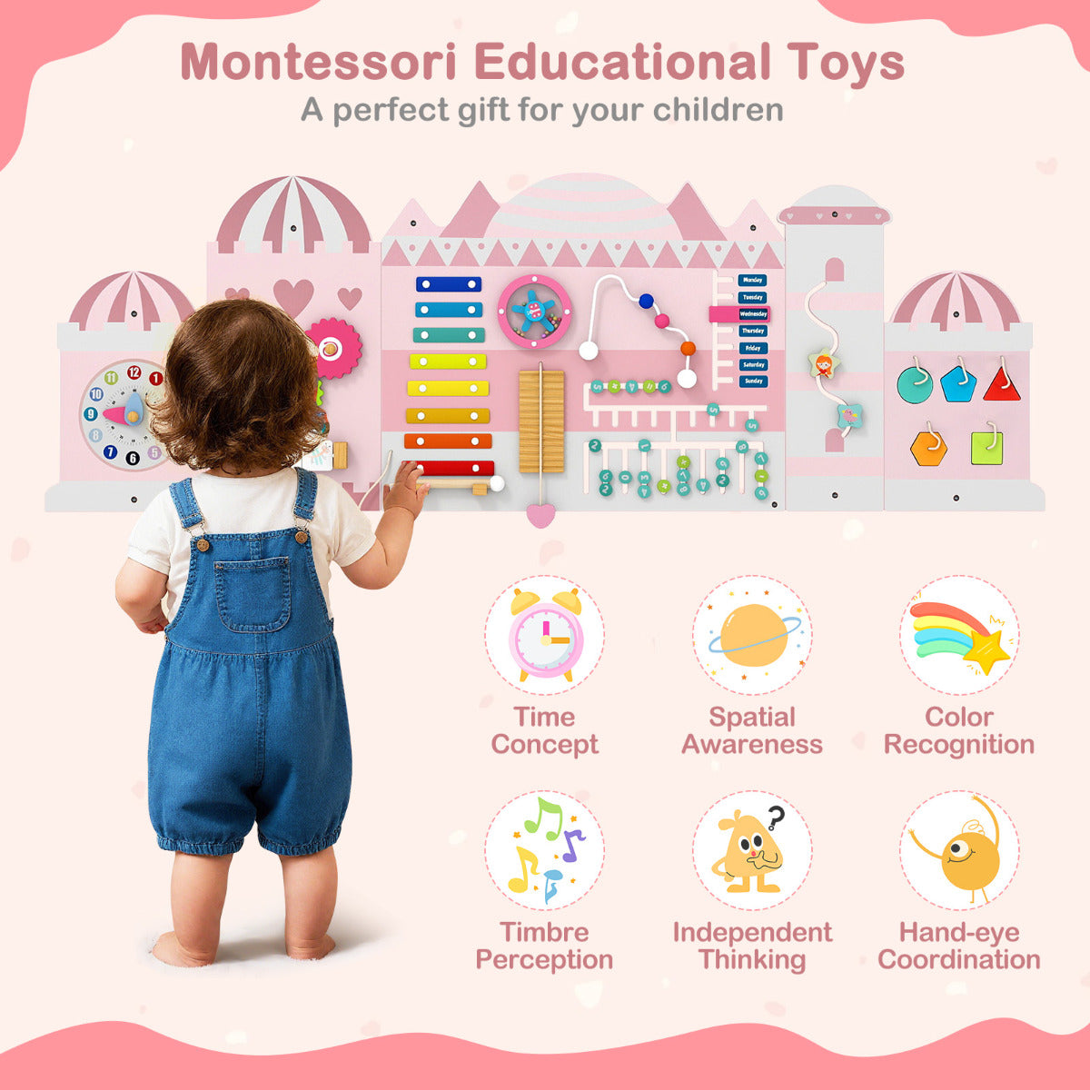 11-in-1 Activity Wall Busy Board Panels for Toddlers-Pink