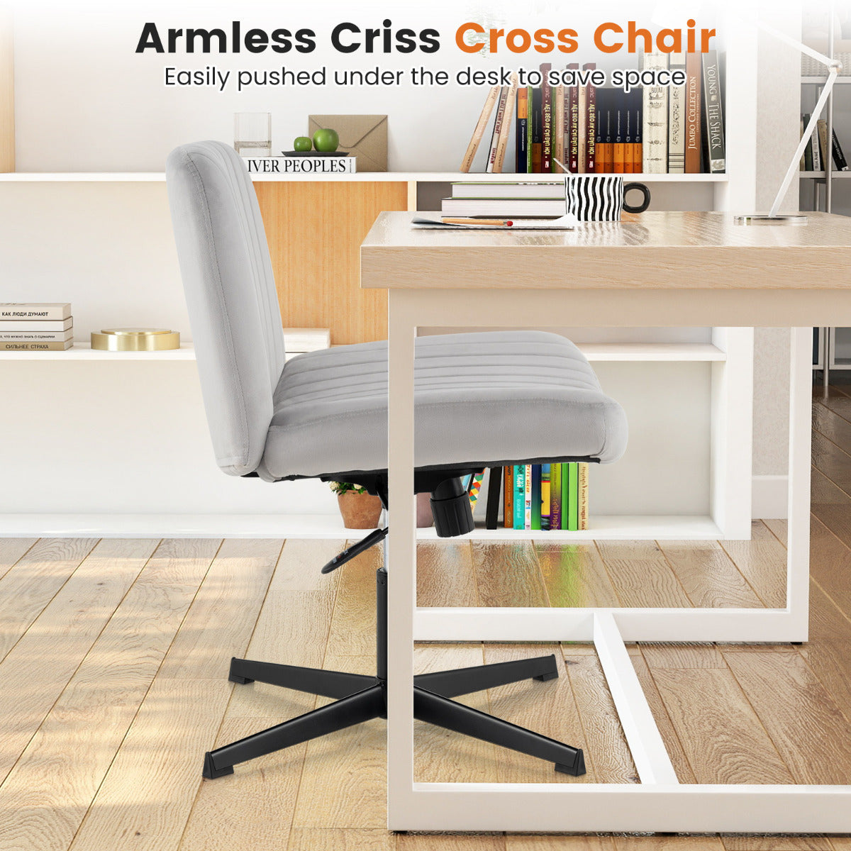 Armless Cross Legged Desk Chair with Wide Seat-Grey
