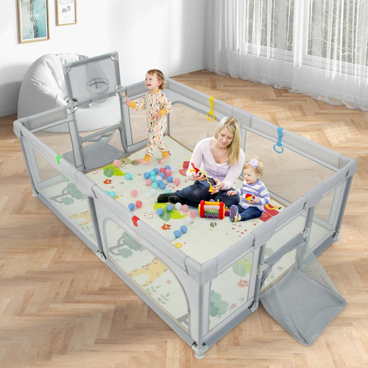 Large Baby Playpen with Mat with Basketball Hoop and Soccer Nets-Grey