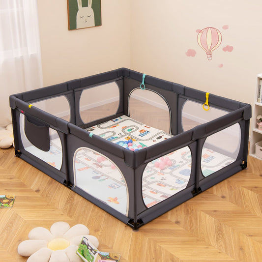 Baby Playpen with Safe Gate and Breathable Mesh-Dark Grey