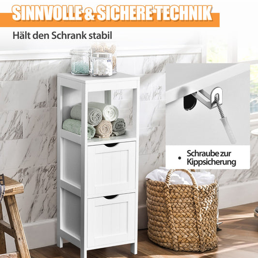 Narrow bathroom cabinet with 2 removable drawers & open shelf white