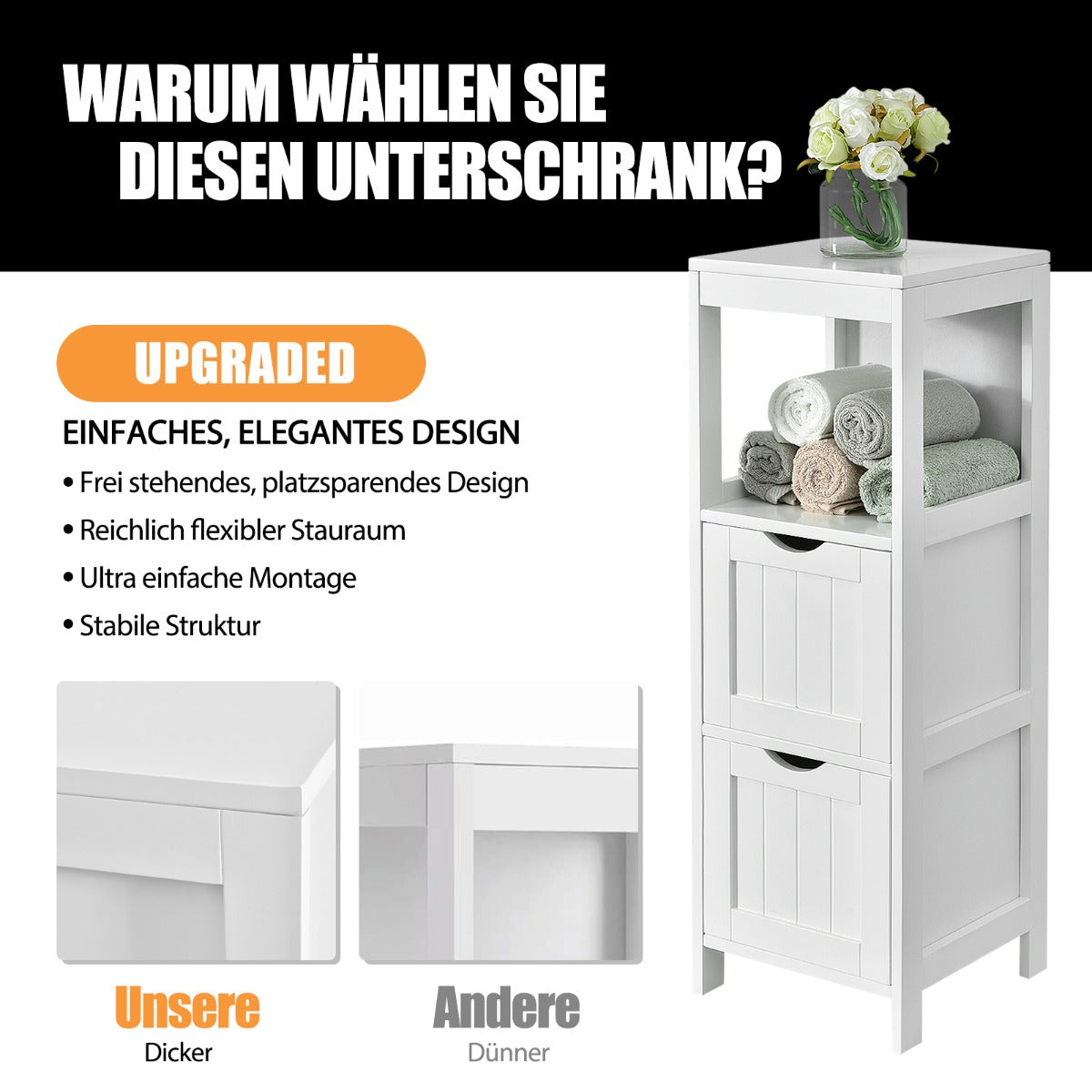 Narrow bathroom cabinet with 2 removable drawers & open shelf white