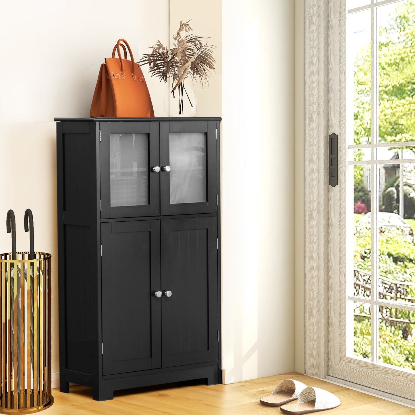 Bathroom cabinet with glass doors & adjustable shelf, bathroom cabinet, tall cabinet, wood, black