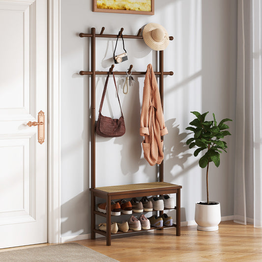 Bamboo Coat Rack PE Rattan Hall Tree with Bench and Shoe Storage-Brown
