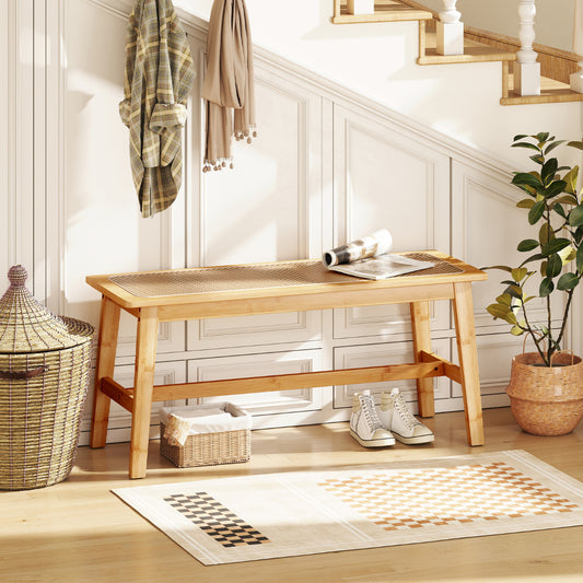 Bamboo Entryway Dining Bench with Handwoven Rattan Seat-Natural