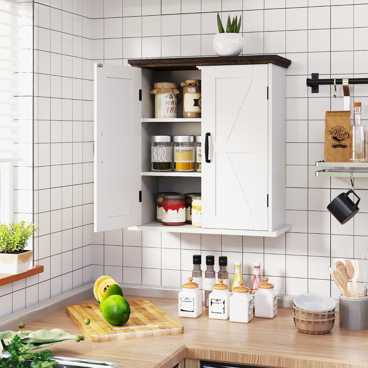 Bathroom Wall Cabinet with 2 Doors and Adjustable Shelves-White