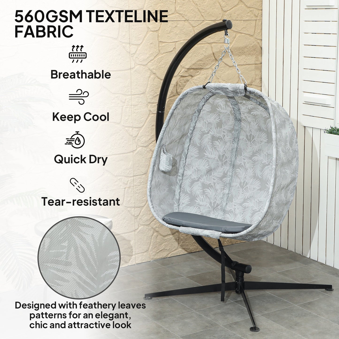Outsunny Hanging Egg Chair Outdoor Indoor Garden Swing Chair with Folding Basket, Garden Hanging Chair with Stand, Thickened Cushion, Cup Holder for Patio, Balcony, Grey