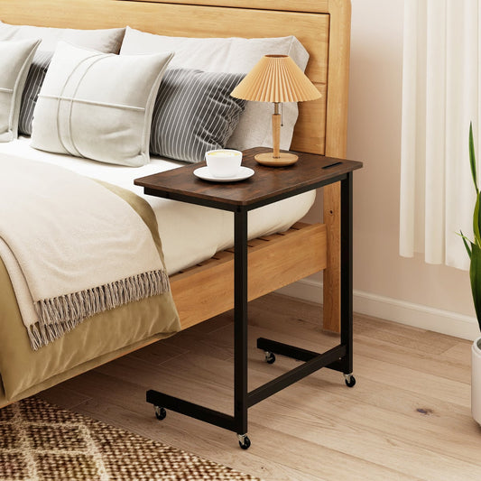 C-shaped End Table with Wheels Mobile Bedside Table with Built-in Phone Slot-Rustic Brown