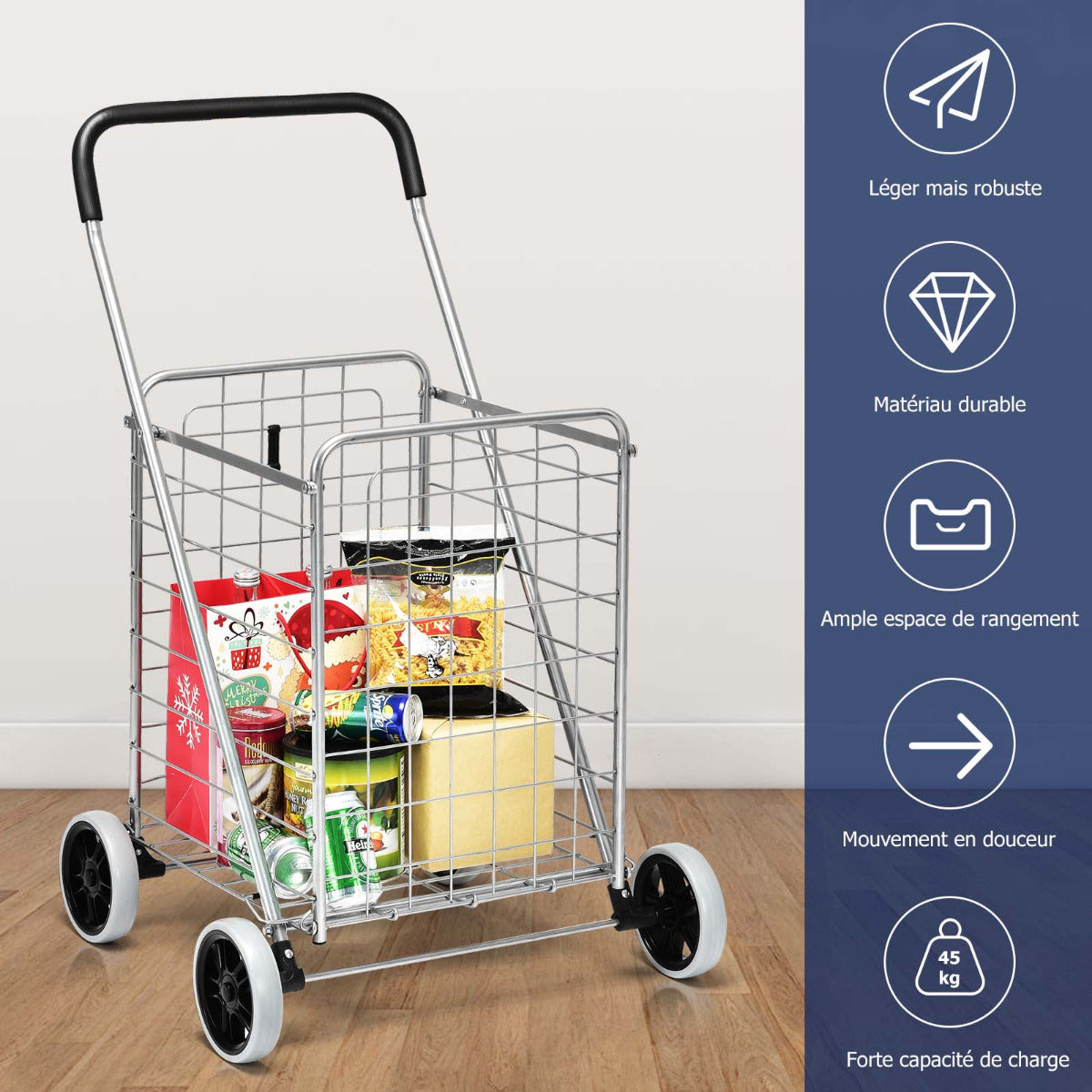 Shopping Cart Folding Shopping Cart Trolley with Wheels Silver