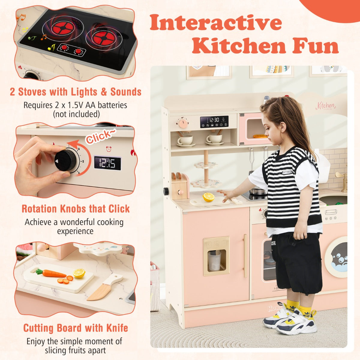 Children Pretend Toy Kitchen Playset with Stoves and Coffee Machine-Pink