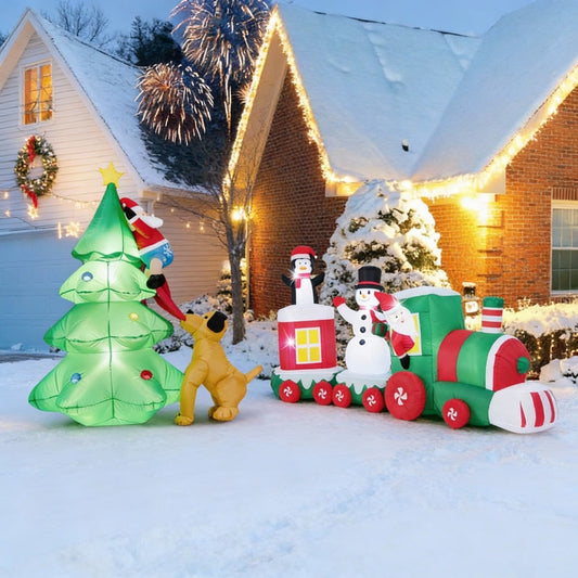 Christmas Inflatable Decoration Set – Santa Chased by Dog & Giant Christmas Train
