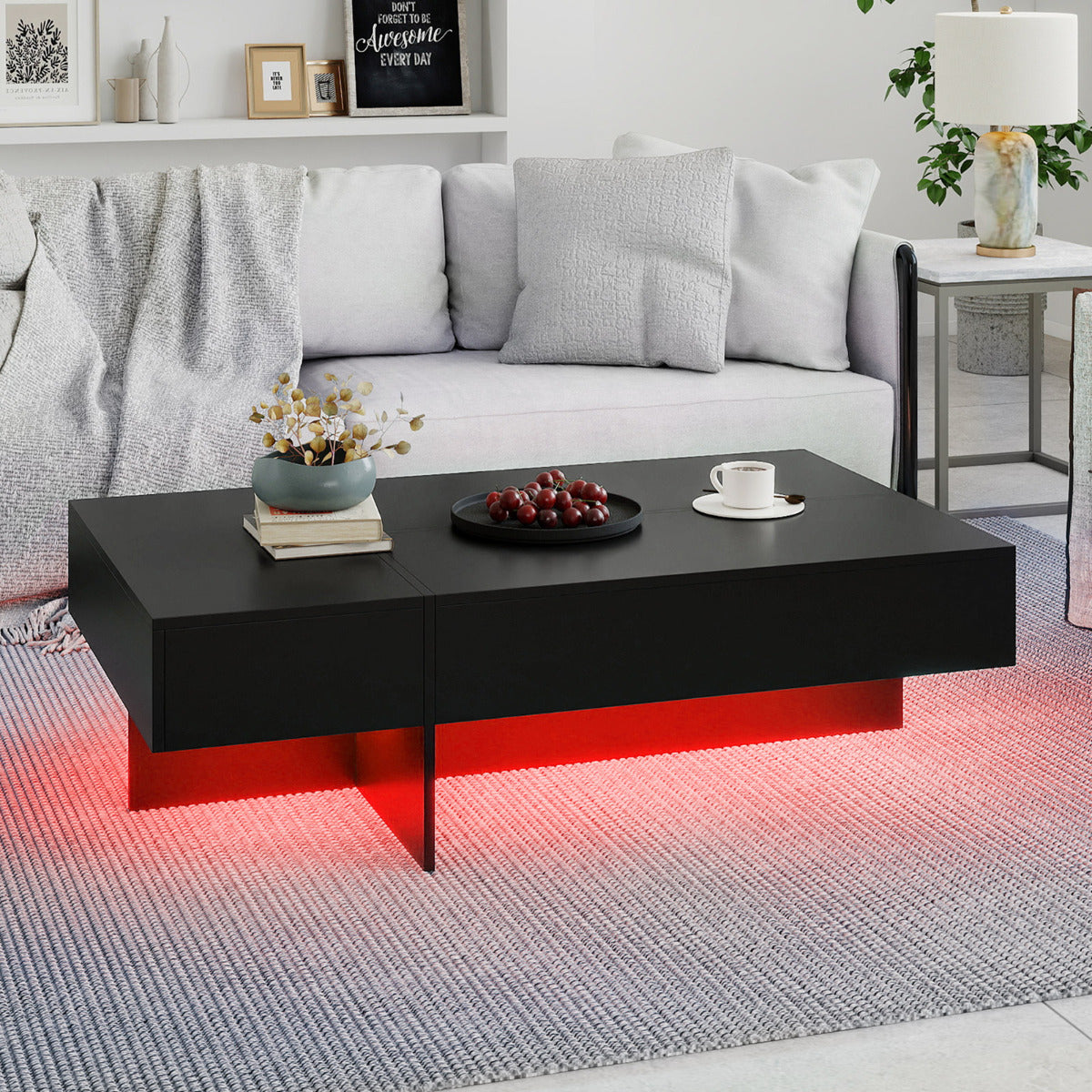 Coffee Table High-Gloss Accent Table with 3 Storage Drawers-Black