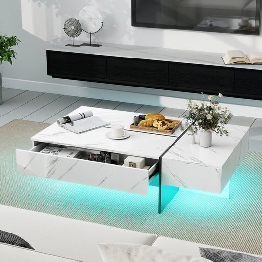 Coffee Table High-Gloss Accent Table with 3 Storage Drawers-White