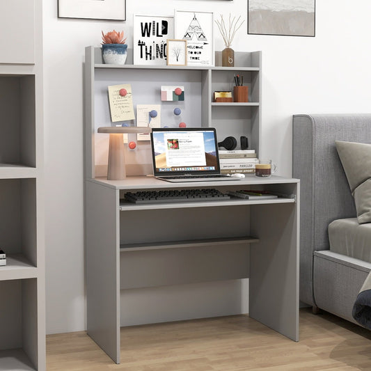 Computer Desk with Magnetic Bulletin Board and Keyboard Tray-Grey