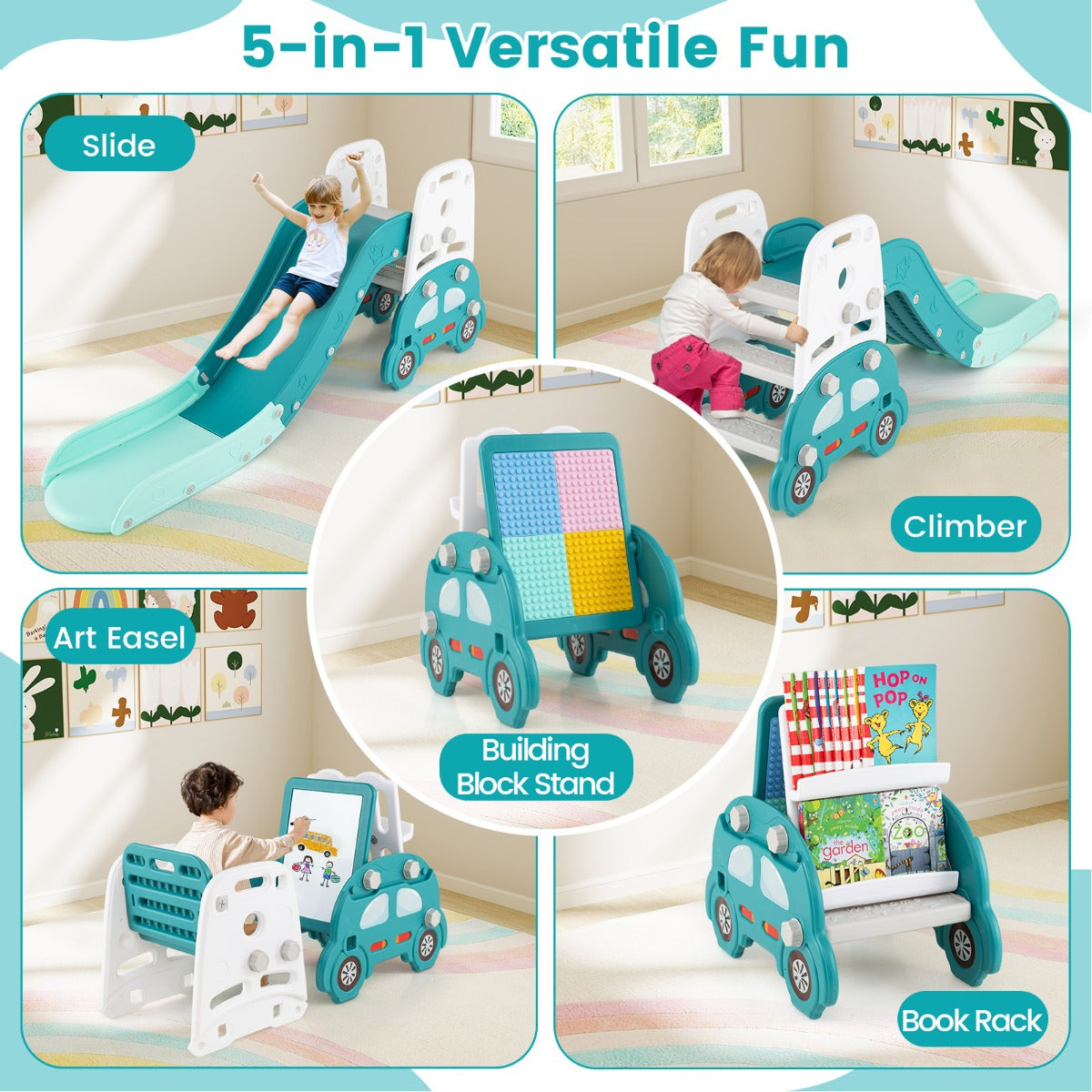 5 in 1 Convertible Kids Art Easel with Double-Sided Magnetic Dry Erase-Green & White