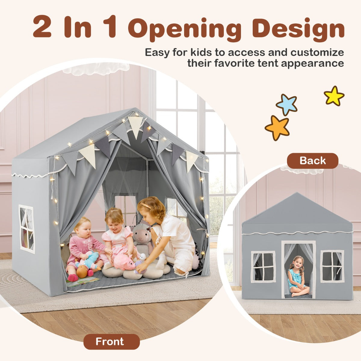 3-4 Kids Large Play Tent House with 2 Opening Doors Star Lights and Plaid Pennants-Grey