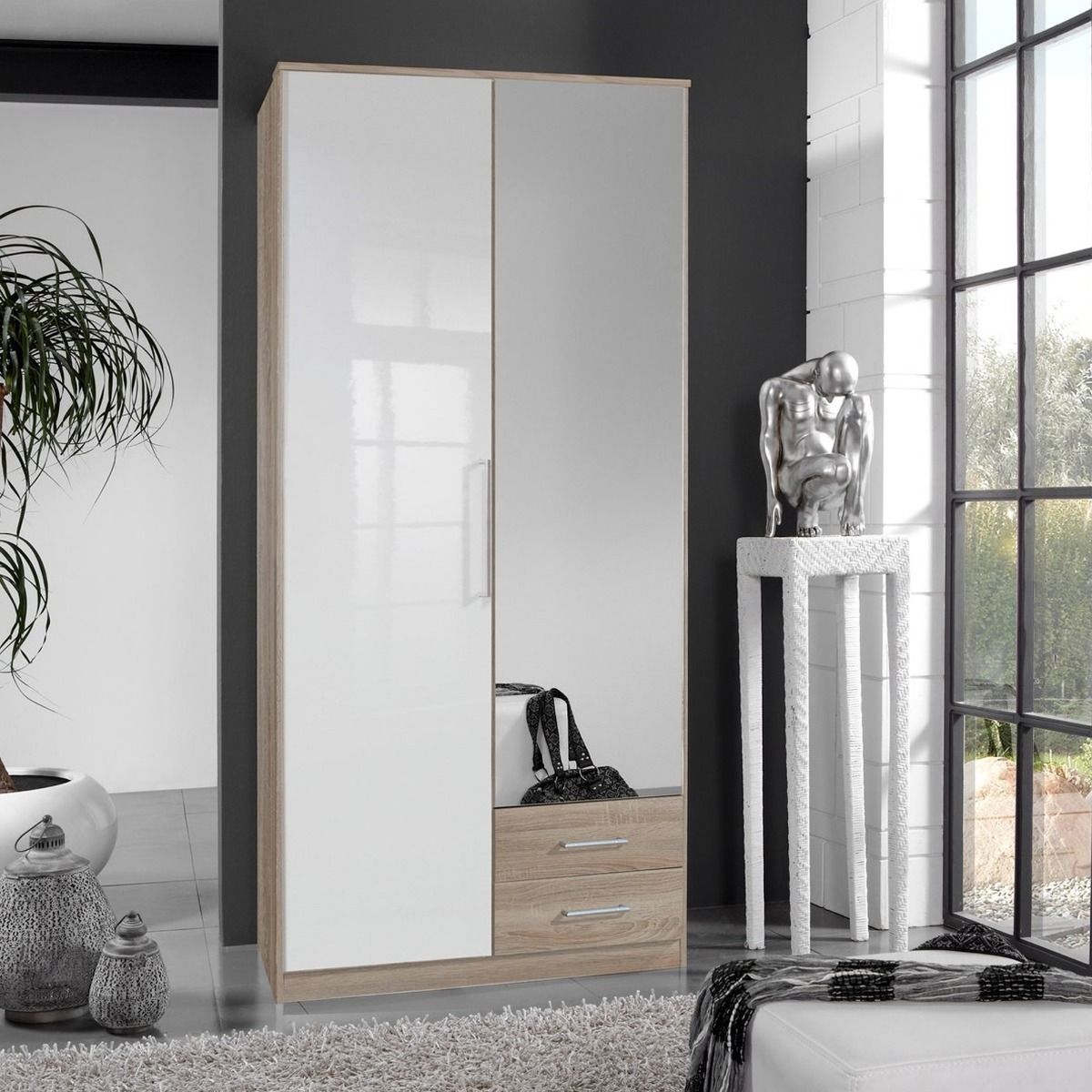 GEMA 2 Door 2 Drawer Mirrored Wardrobe Oak and White Gloss 90cm