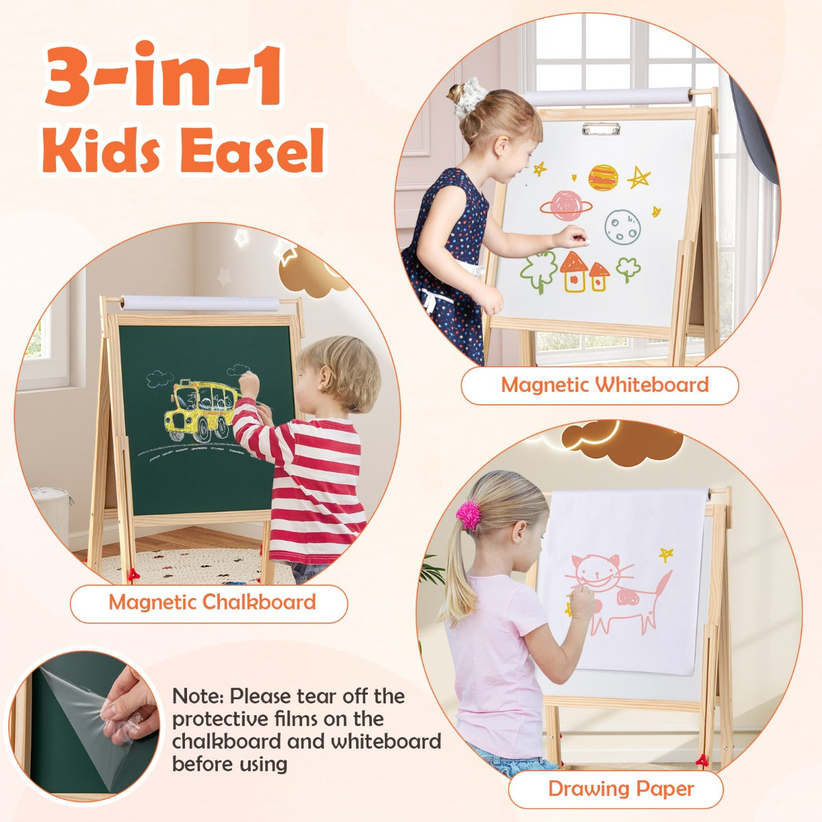 Double-sided Height Adjustable Wooden Art Easel for 3-10 Yeas Old-Natural