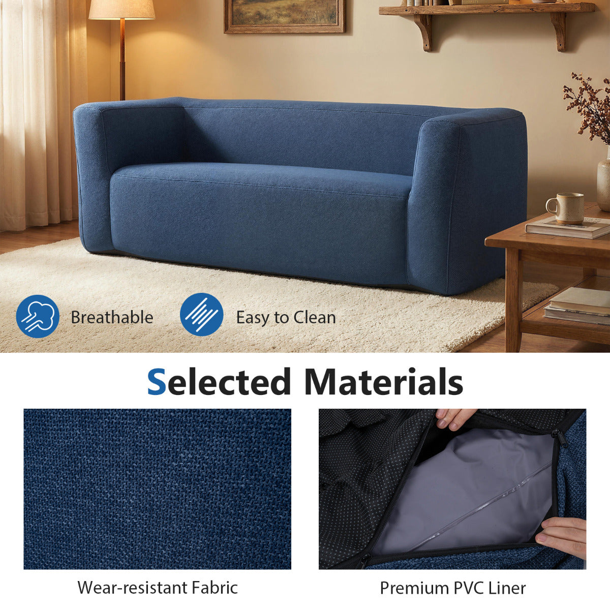 Double Inflatable Couch Portable Blow Up Sofa with Detachable Cover-Blue