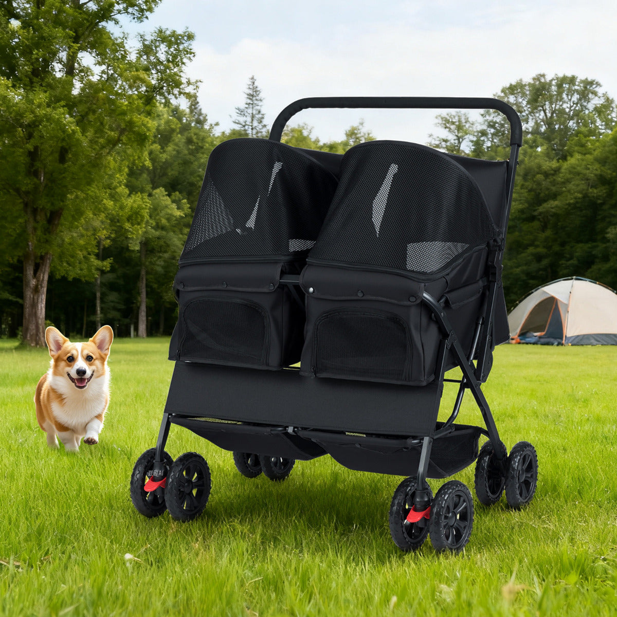 Double Pet Stroller Foldable Twin Dog Walk Jogger with 2-seater Carrier-Black