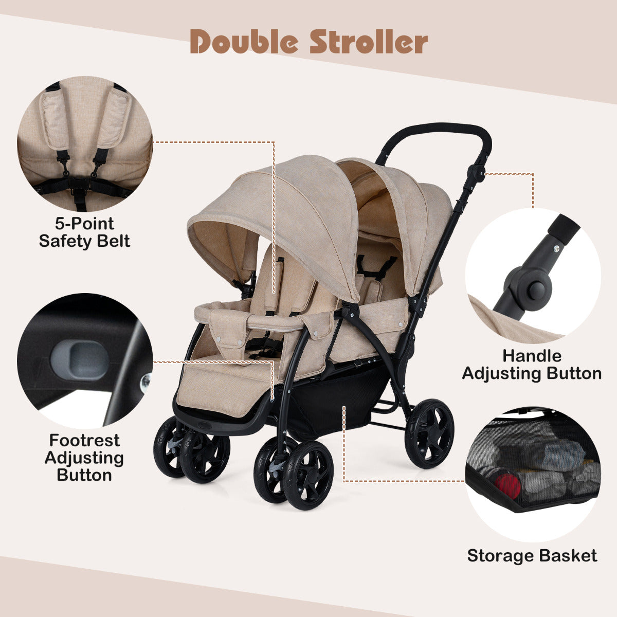 Double Pushchair with Adjustable Backrest and Sunshade-Khaki