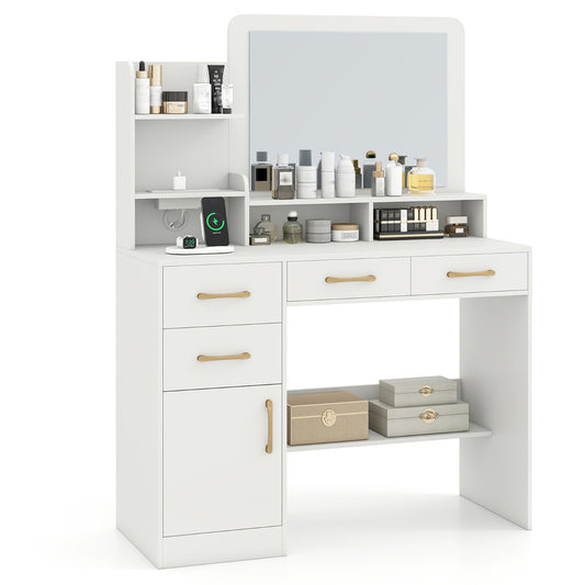 Vanity Desk with Mirror Dressing Table with Charging Station-White