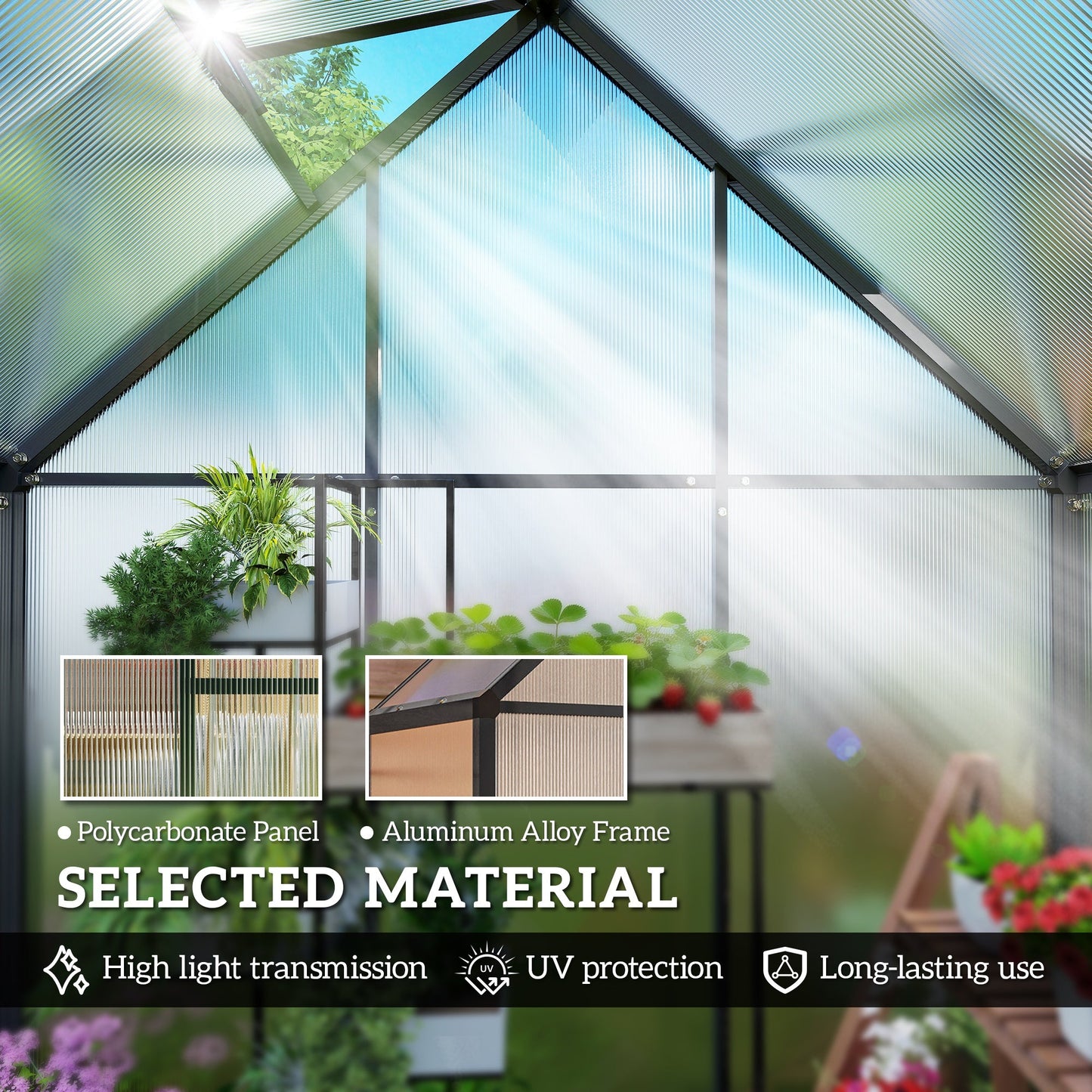 Outsunny Polycarbonate Greenhouse with Swing Door and Adjustable Window, Walk-in Greenhouse, 5.5 x 6.5ft, Black