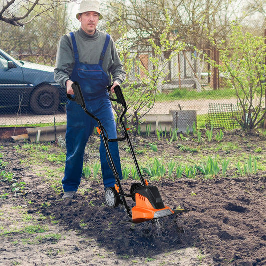 Electric Tiller and Cultivator with Foldable Handle and Adjustable Wheels-Orange