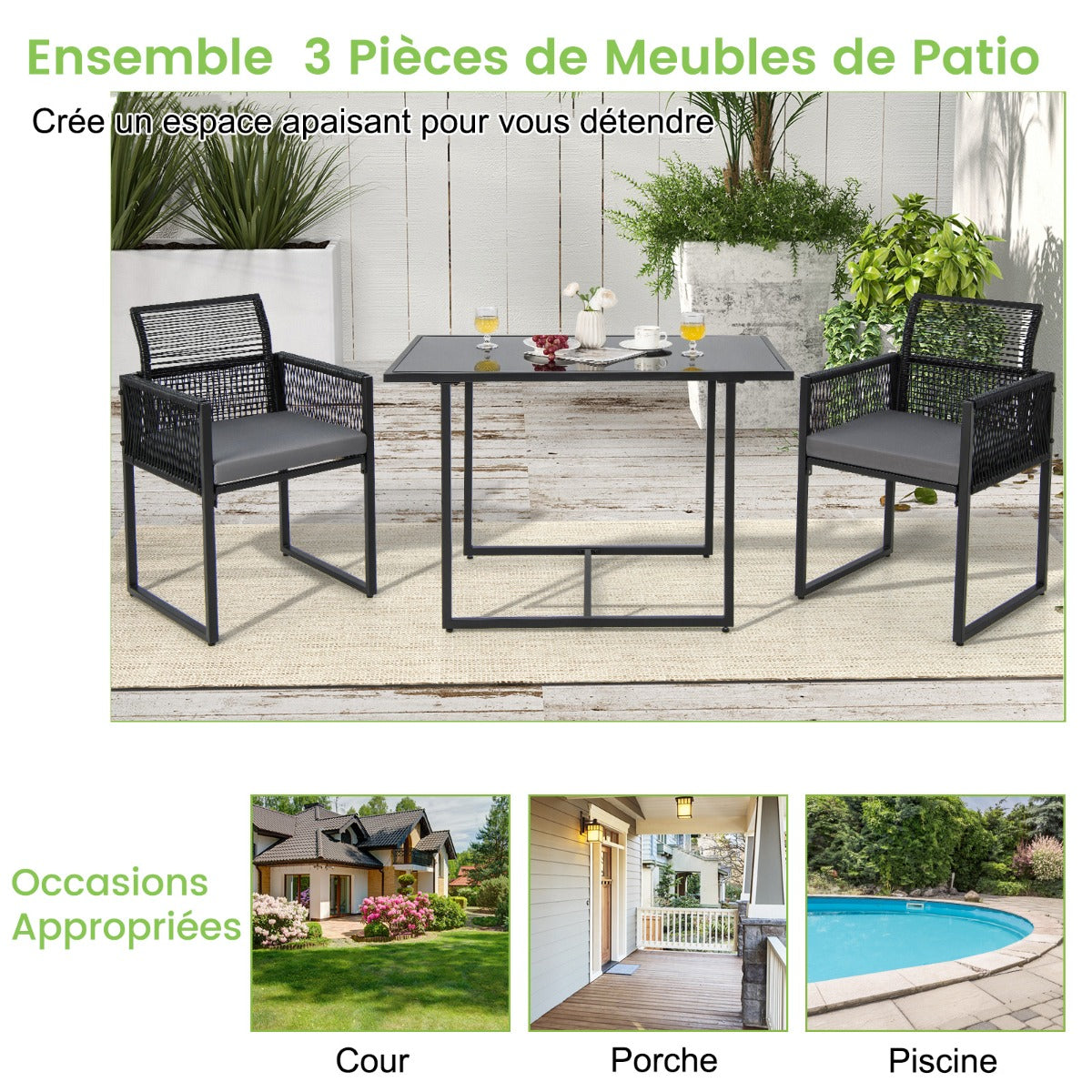3-Piece Outdoor Dining Set with Folding Backrest & Seat Cushion Patio Furniture Set