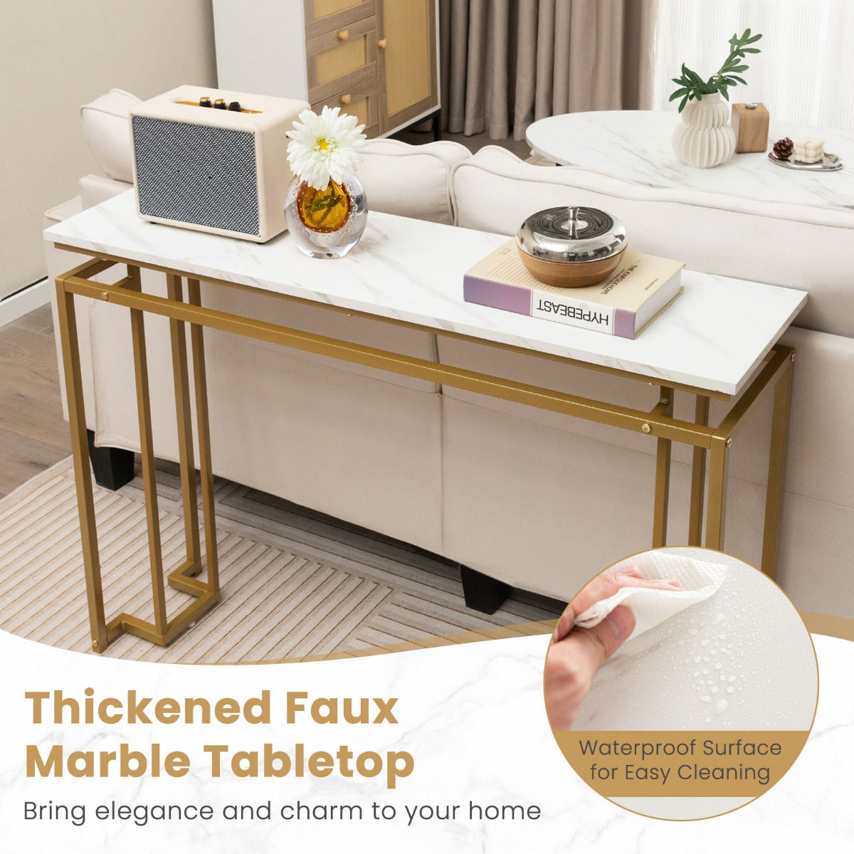 Gold Console Table with Faux Marble Tabletop and Geometric Metal Frame-White