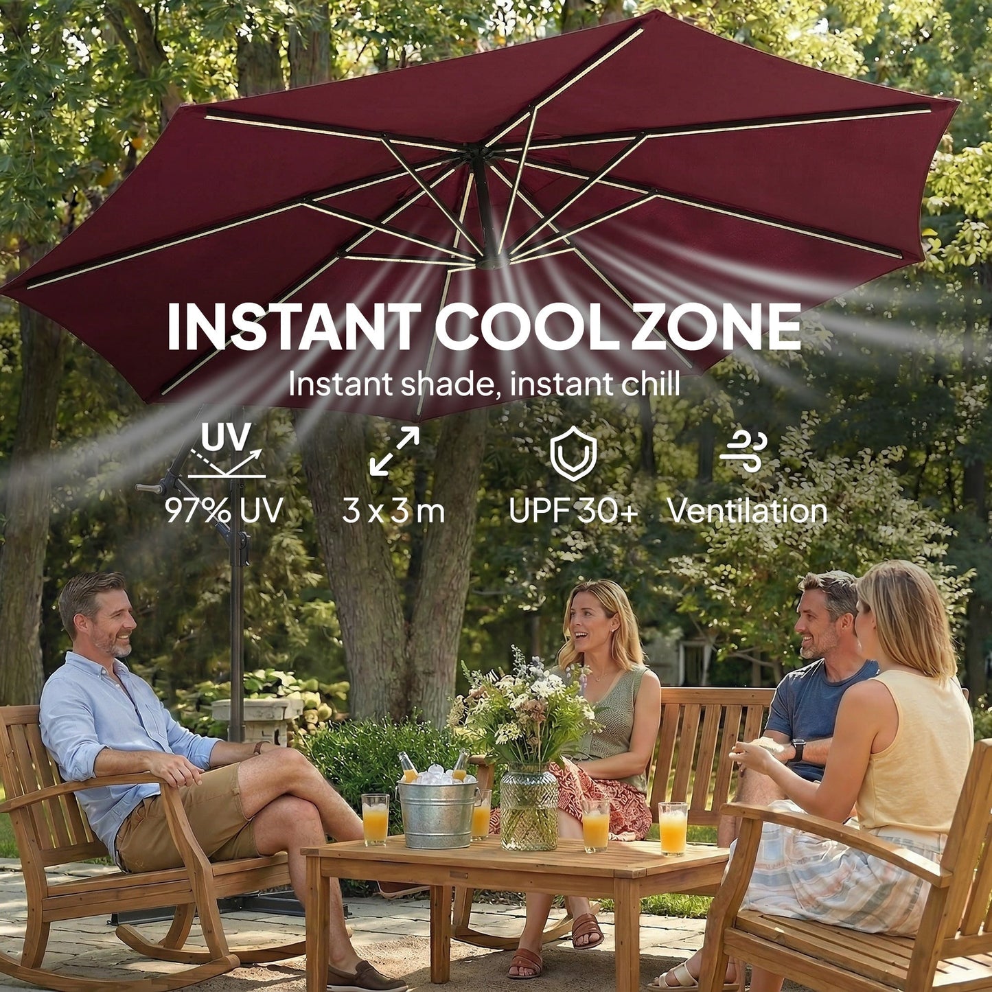 Outsunny 3 m Garden Cantilever Parasol with LED Solar Light, Round Overhanging Umbrella with 360 degrees Rotation, Cover, Wine Red