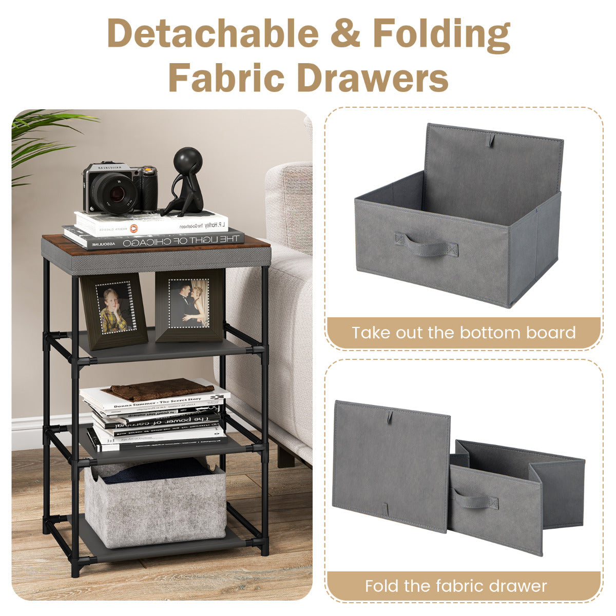 Fabric Storage Organizer Tower Unit Set of 2 with Removable Lid-Grey