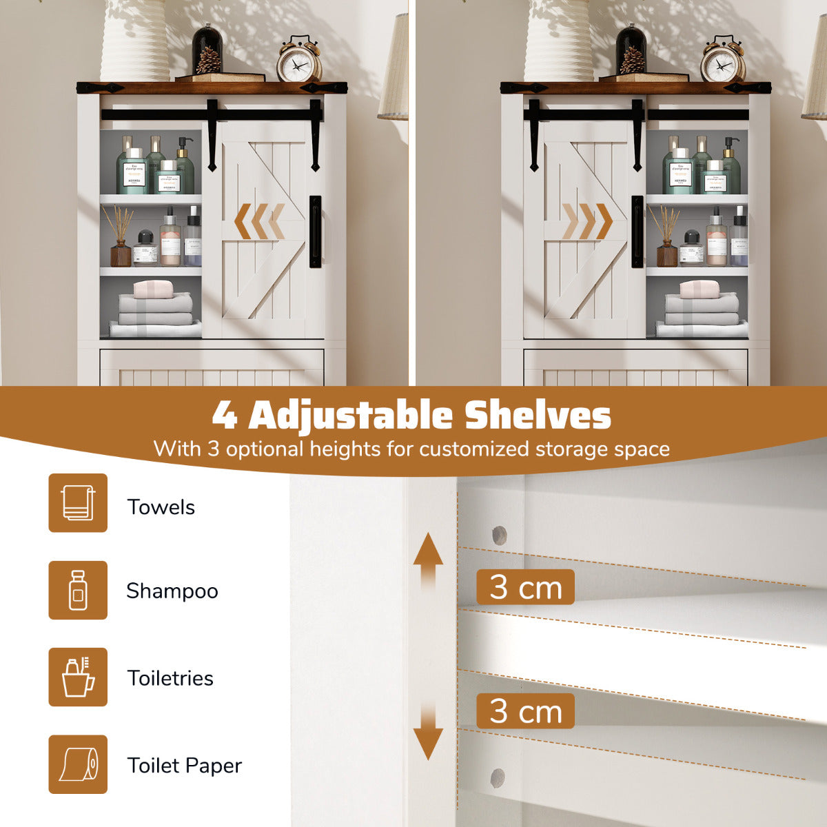 Farmhouse Bathroom Floor Cabinet with Sliding Barn Door-White