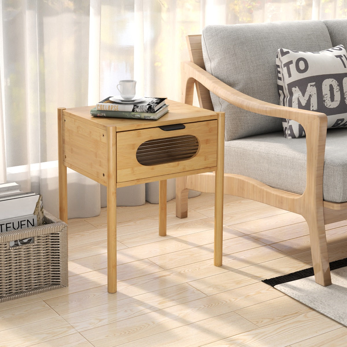 Farmhouse Bedside Table with Tempered Glass Decorated Drawer-Natural