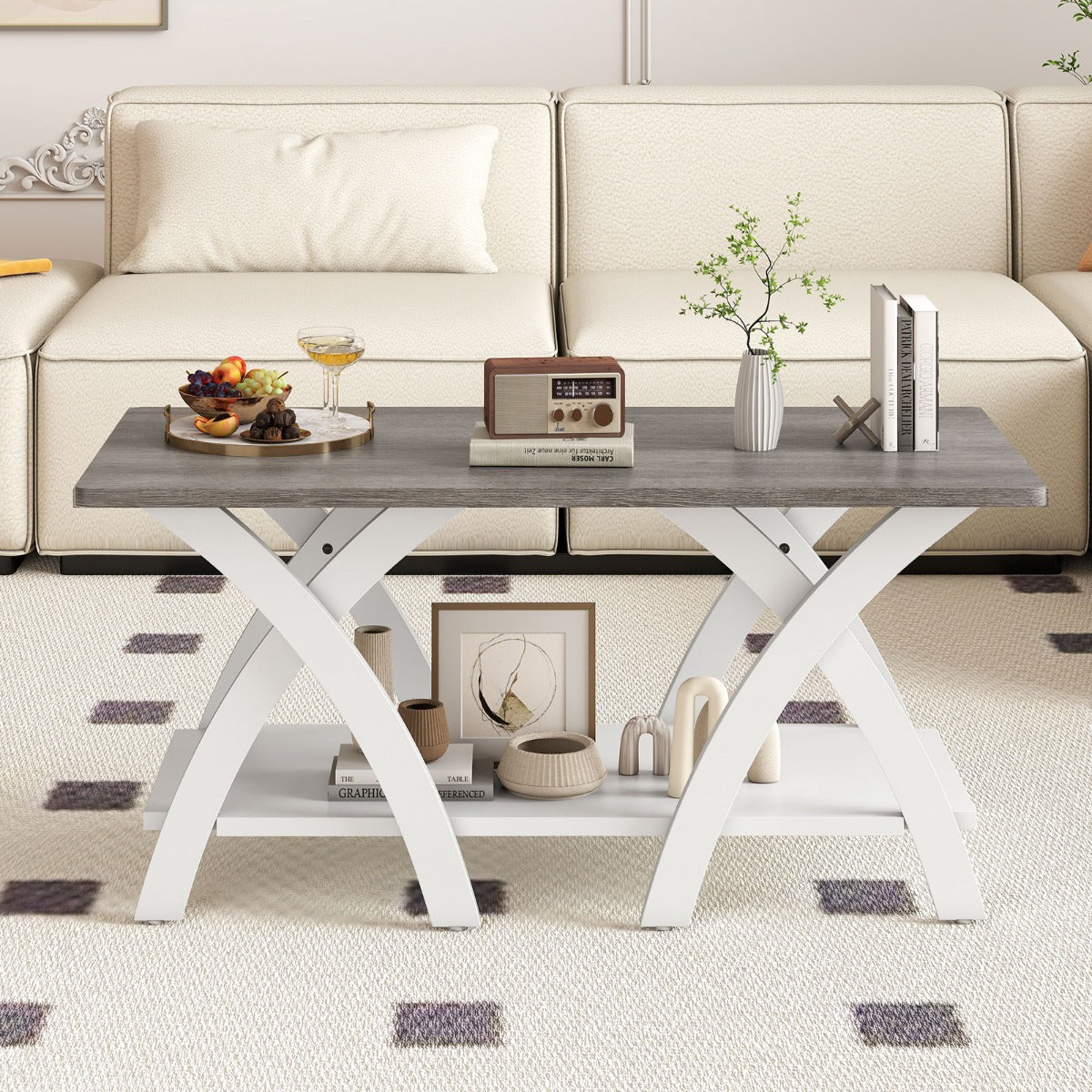 Farmhouse Wooden Accent Table with X-shaped Legs and Storage Shelf-Light Grey