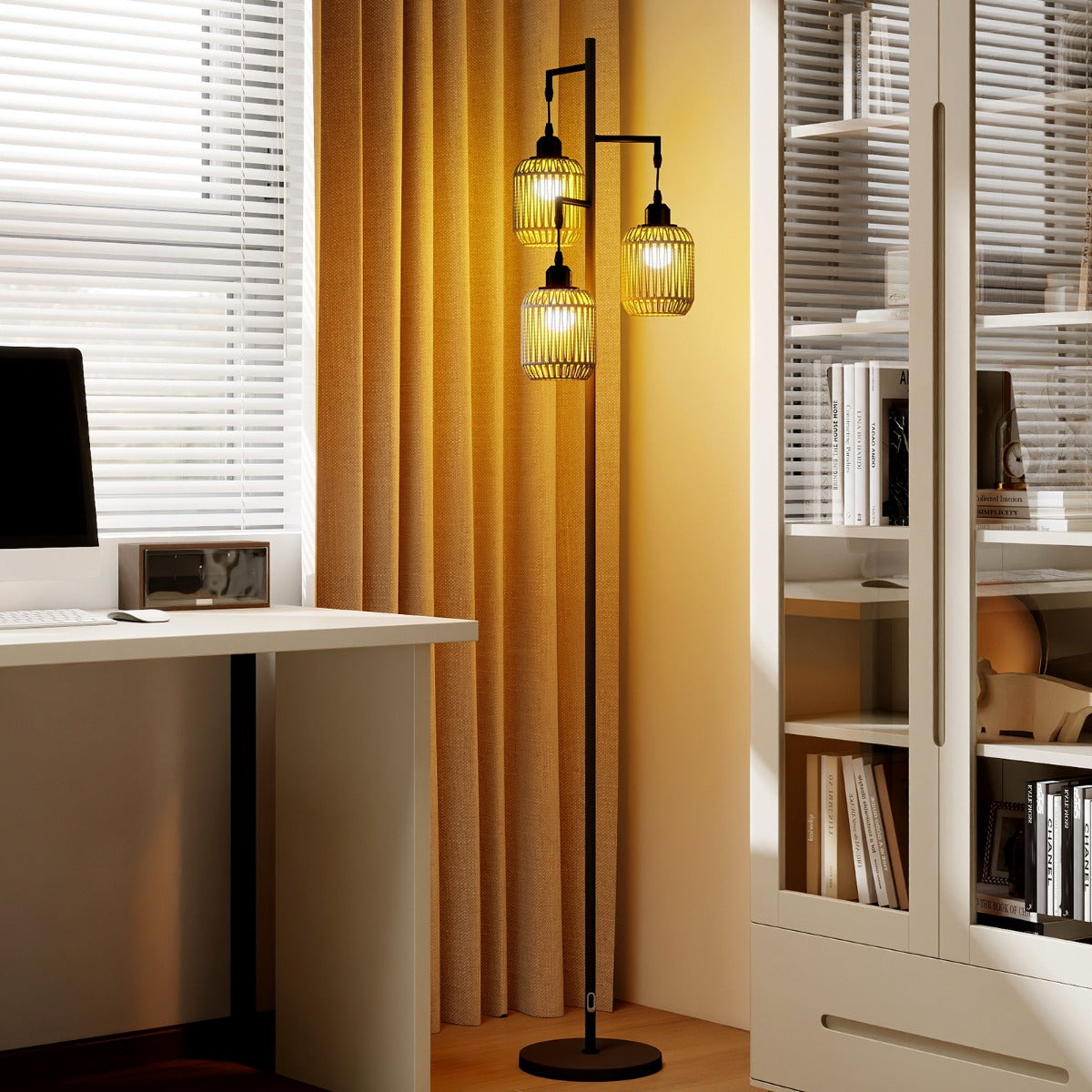 3-Light Floor Lamp with 3 Boho Paper Woven Lampshades and Weighted Base-Black
