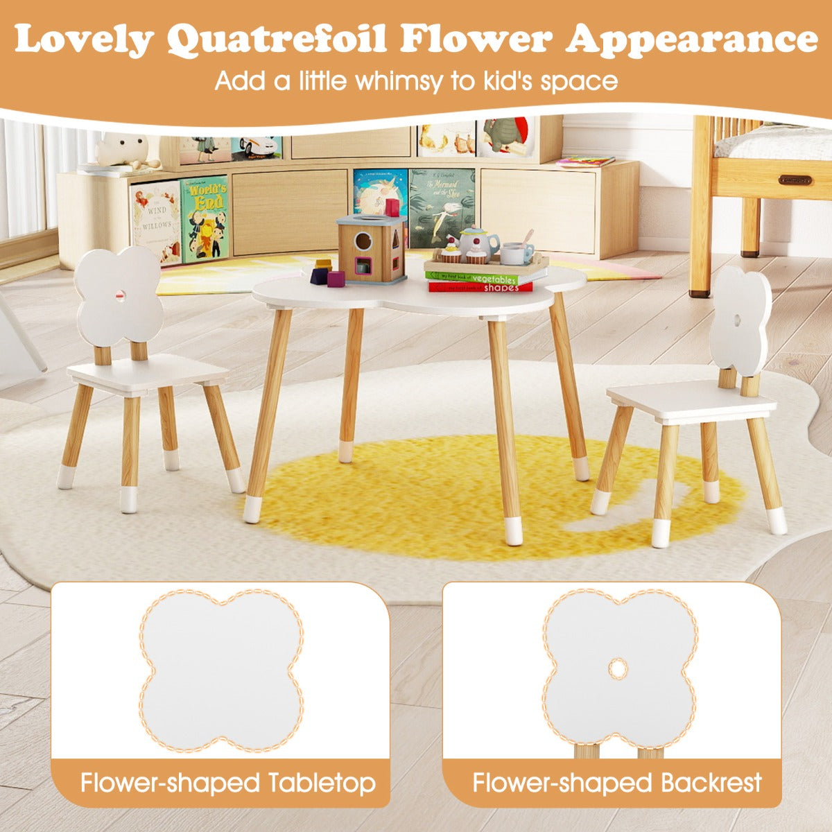 Flower-shaped Kids Table Set with 2 Child-sized Chairs and Wood Legs-White