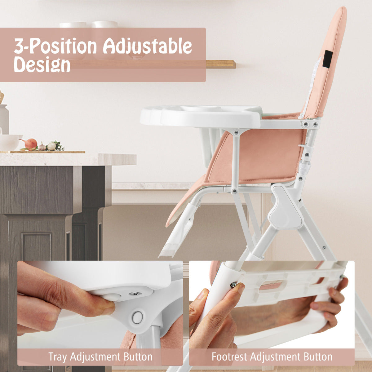 Foldable Baby High Chair with Removable Adjustable Tray-Pink