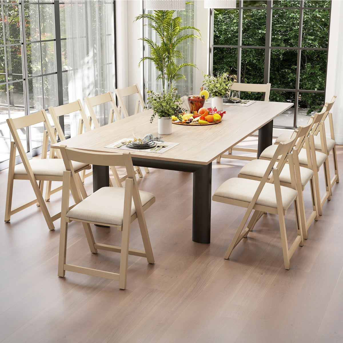 Foldable Dining Chair Set of 8 with Padded Seat and Curved Backrest-Beige