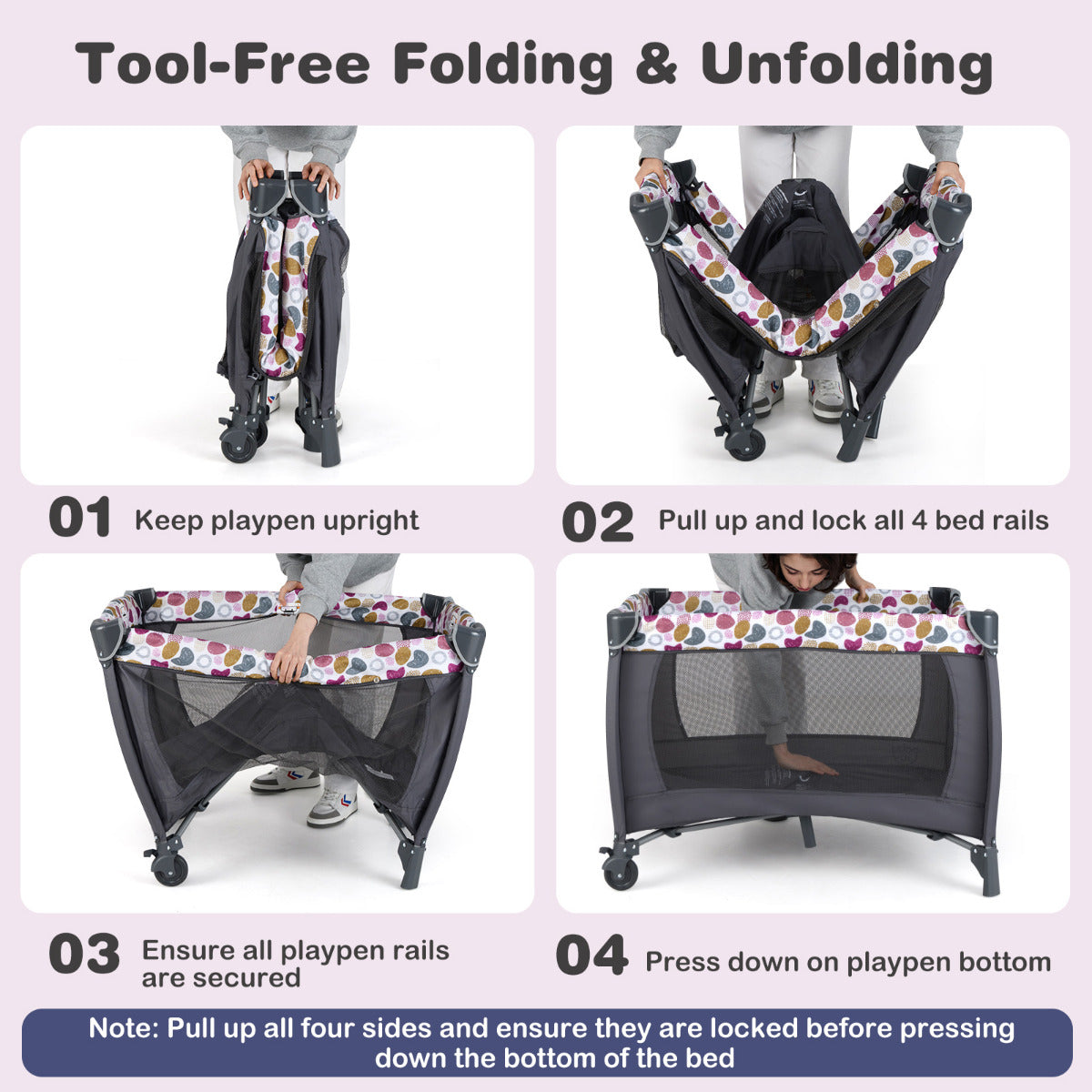 Foldable Pack and Play Portable Baby Playard with Rocking Bassinet and Diaper Changing Table-Pink