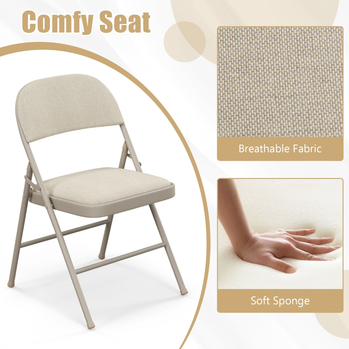Set of 4 Folding Fabric Padded Chairs with Sponge Seat and Backrest-Beige