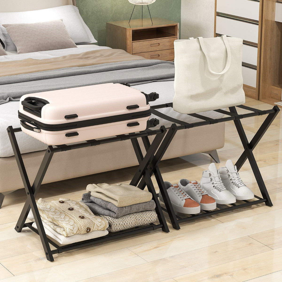 Folding Suitcase Stand with Storage Shelf for Guest Room Bedroom-Black