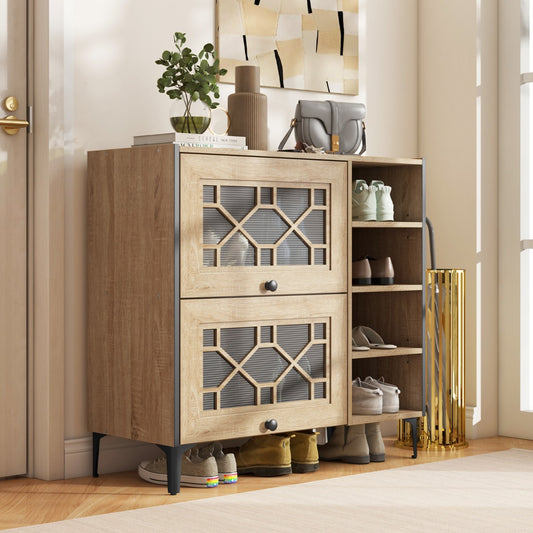 Freestanding Shoe Organizer with Flip Doors Adjustable Shelves-Oak